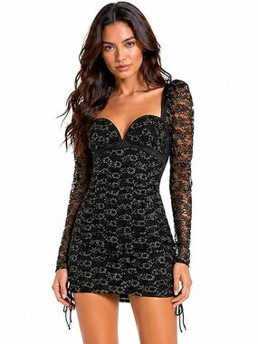 For Love & Lemons Joanna Black & Gold Lace Mini Dress Ruched Puff Sleeves Small